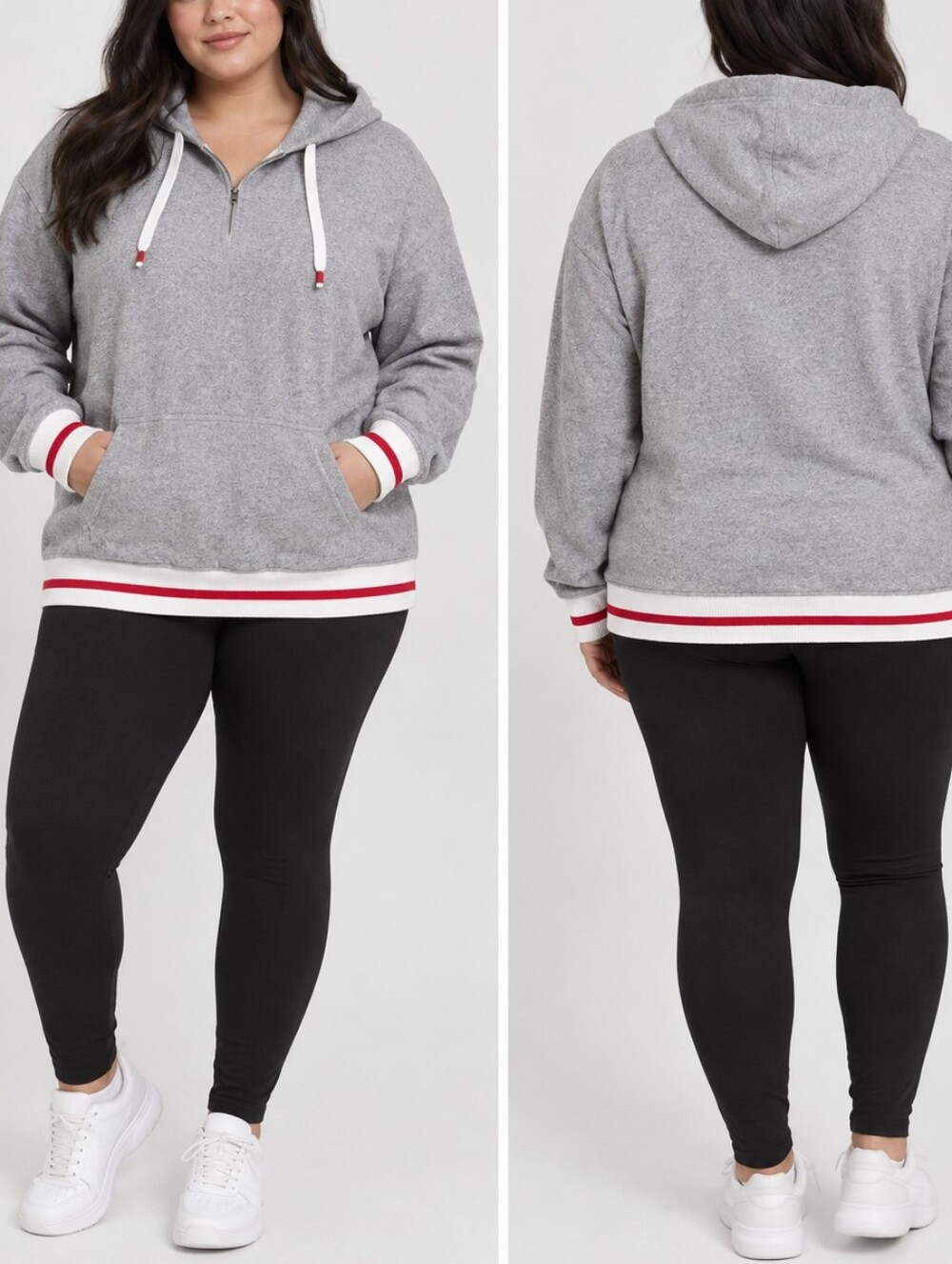 Gray Hooded Half-Zip Sweater with Contrast Trim
